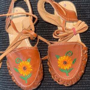 Mexican Sunflower Embroidered Leather Lace-Up Huarache Sandals